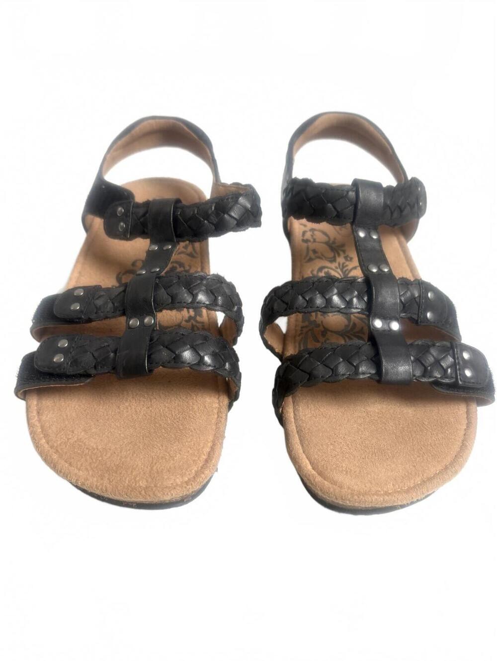 aetrex | Women’s Black Leather Braided T Strap Padded Heel Sandals Size 7